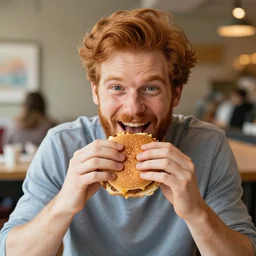 ginger young handsome man with beard eating hamburger happily by monet