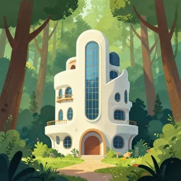an illustration of a post - modern building in the woods, trending on artstation, central composition, very cartoon, shape focus, high detailed, by ernst haeckel