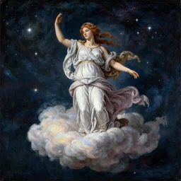 greek goddess on a cloud overlooking the starry sky with flowing clothes and hair painted by the old masters, full body, traditional painting, realistic