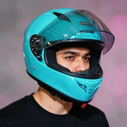 portrait of a man wearing a cyan motorcycle helmet in the style of hotline miami