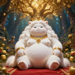 Demon deity, fat figure,Cute, elegant, furry, white, gold, warm, wearing a crown, bracelets and necklaces, red carpet, figure, realistic, hair detailing, background is heavenly,wonderland at night, The light in the deep forest full of mythical creatures of the picture, according to European art, Golden Sacred Tree, Golden Apple, Flower Garden,Hyper realistic render. Den noise. Volumetric Lighting. Dynamitc Lighting. Unreal Engine. octane. Hyper Cinematic lighting