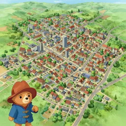 the adventures of paddington, ghibli, pokemon sword and shield town layout. city planning, bird's eye view. english village and outskirts