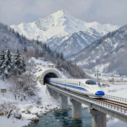 shinkansen on a bridge over a river, about to enter a tunnel in a mountainous landscape of snow capped peaks and it is currently snowing, realistic oil painting by bob ross, smooth
