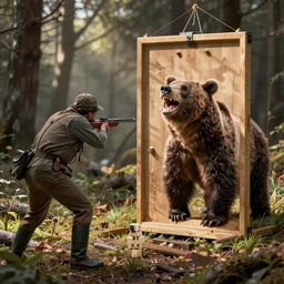 a hunter aiming at a bear laughing a bull caught in a beartrap