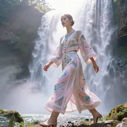 techno - embroidered androgyne with filigree and beads walks by a waterfall in the sky, safe for work, vivid pastel color scheme, by award - winning concept artist, dynamic composition, backlighting, radiant light