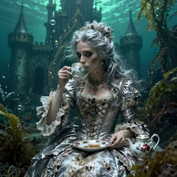 A messy, silver haired, (((mad))) princess from the 18th century, dressed in a ((ragged)), dirty, 18th century silver wedding dress, is ((drinking a cup of tea)),  in her right side is a porcelain tea set. She is in her ((underwater, precious, scarry castle)). mystical, atmospheric, greenish blue tones, water, seaweed and bubles, dreamlike, atmospheric, underwater photography, concept art by John Everett Millais,  John Everett Millais,Annie Stegg Gerard, Ian David Soar, John Anster Fitzgerald