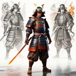 cinematic shots of full body samurai with intricate armor made, katanas made of fire, intricate illustrations by artgerm, greg rutkowski, eng killian and, digital illustration, over - detailed, clear, crisp, smooth, bright colors, stone, dnr, unreal engine, about reflection, rtx reflection, artstation