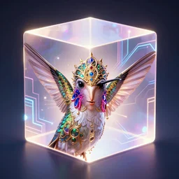 symmetry!! hummingbird face goddess, solid cube of light, hard edges, product render retro - futuristic poster scifi, lasers and neon circuits, beautiful hummingbird face portrait, intricate, elegant, highly detailed, digital painting, artstation, concept art, smooth, sharp focus, illustration, dreamlike, art by artgerm