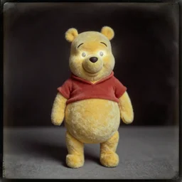daguerreotype photograph of winnie the pooh with [ [ [ illuminated eyes, light coming out of his eyes ] ] ], standing in the middle of the room, black background