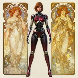 highly detailed full body portrait of android cyborg young adult lady by krenz cushart, by artem demura, by alphonse mucha, by kaethe butcher, gradient maroon, black, silver and yellow color scheme, grunge aesthetic!!! (
