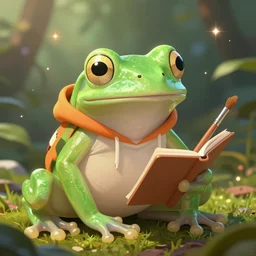 an avatar portrait of a glass frog the species scholarly artist character in a fox hoodie and holding a paintbrush and notepad, in the style of dnd beyond avatar portraits, beautiful, artistic, elegant, lens flare, magical, lens flare, nature, realism, stylized, art by jeff easley