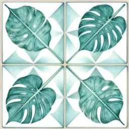 beautiful teal geometric tile design with monstera leaves