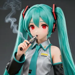 hatsune miku high on weed with bloodshot baggy eyes smoking with a vape pen, 3 d render, 4 k