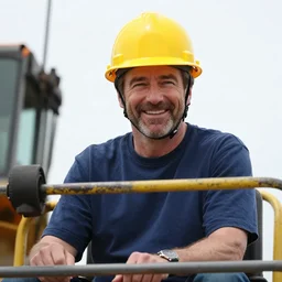 closeup portrait of cheerful bryan cranston operating a crane, sitting in a crane, yellow hardhat, sitting in a crane, natural light, bloom, detailed face, magazine, press, photo, steve mccurry, david lazar, canon, nikon, focus