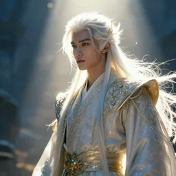 a handsome prince, white fringy hair, backlit, incredible lighting, strong rim light, subsurface scattering, intricate, by Heise Jinyao, Heise-Lian Yan Fang, Feimo, Richard Taddei, epic beautiful landscape, highly detailed, god rays, digital painting, HDRI, by Noah Bradley, vivid colors, high contrast, 8k resolution, photorealistic