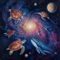 painting of sea creatures swimming through space, sea turtles, sting rays whales, colorful nebulas, planets, 8 k resolution in the style of artem demura, moebius