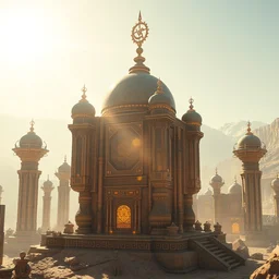 futuristic technologically advanced persian solarpunk civilization, highly detailed relics, bright sun magic hour, digital painting, solid cube of light, hard edges, artstation, concept art, sharp focus, illustration, 8 k highly detailed, ray - traced