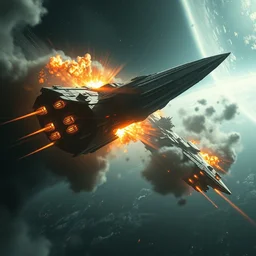 two homeworld style gigantic battle spaceships ramming and colliding and exploding in space, epic, sweeping, awe - inspiring, art by anders zorn, wonderful masterpiece by greg rutkowski, beautiful cinematic light, american romanticism thomas lawrence, greg rutkowski