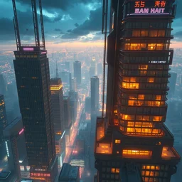 a wholesome animation key shot of cyberpunk view from top of a skyscraper by studio ghibli, animation, sharp, rendered in unreal engine 5, focused, anime key art by greg rutkowski, bloom, dramatic lighting
