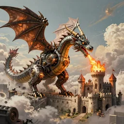 A dragon made of machine parts spitting fire to attack the castle, steampunk, ultra detailed, 4k, retro future, clouds in the sky, by Greg Rutkowski and Jakub Rozalski, artstation, concept art, artstation
