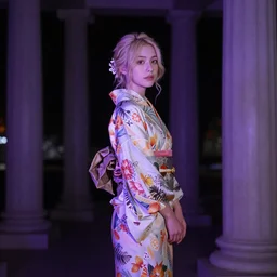 a beautiful blond woman wearing a colorful yukata at night, roman columns, dark moody purple lighting, by jeremy mann and alphonse mucha, dramatic lighting, ethereal