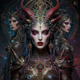 cinematic fullbody portrait. complex hyper-maximalist overdetailed cinematic cosmic scifi portrait of an elegant very attractive but wild and dangerous reptilian goddess by andrei riabovitchev, tomasz alen kopera, oleksandra shchaslyva. Omnious intricate. Secessionist portrait illustration. Poison goddes. Focus on face. Artstation. Deviantart. 8k 4k 64megapixel. Rendered by binx.ly.