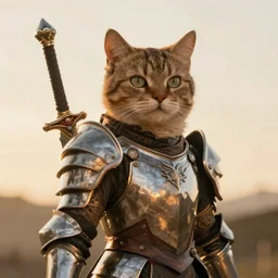 cool looking anthrophomorphic cat in armor, sheathed weapon, fantasy, unreal engine, realistic, golden hour, professional photography, mild depth of field, cinematic lighting, 8 k