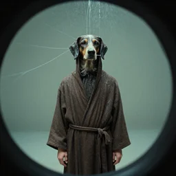a man in a robe with the head of a dog, water caustics, film still from the movie directed by denis villeneuve and david cronenberg with art direction by h. r. giger and salvador dali, wide lens