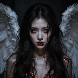 portrait of the death angel, beautiful female face, angelic, dark, blood, by jeremy mann