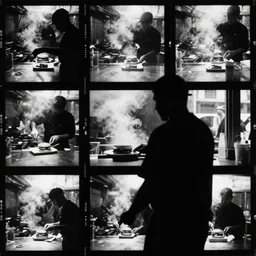 a black silhouette, grainy analog black and white photograph, street photography, contact sheets, leica, of a grill chef in a small bar in san francisco grilling burgers, smoke is filling the bar and picture was taken through the window