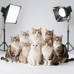 photo still of cat family photo, 8 k, studio lighting bright ambient lighting key light, 8 5 mm f 1. 8