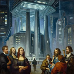 the kraftwerk in a fluorescent cyberpunk futuristic city by ellen von unwerth, oil painting by canaletto hieronymus bosh leonardo da vinci piero della francesca botticelli
