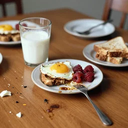 color photograph of a dining table, breakfast, glass of milk, mess, dirty, 1 9 9 0 photo magazines - w 7 6 8