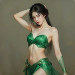 intricate painting of a beautiful young female warrior, with an artistic sensual pose, covered in emerald clothes, by carla ortiz, hyper detailed, ornamental gold headpiece, vivid colors, artstation, by jeremy mann, by alphonse mucha,