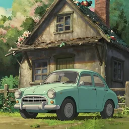 old car parked in front of an old house, medium shot, studio Ghibli, Pixar and Disney animation, sharp, very detailed, high resolution, Rendered in Unreal Engine 5, anime key art by Greg Rutkowski, Bloom, dramatic lighting