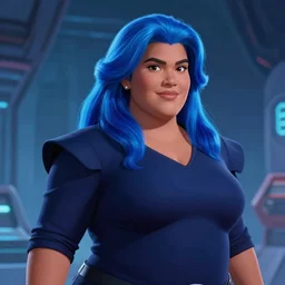 welcoming heavy filipina woman character portrait, by don bluth, electric blue hair, wearing dark - blue, sci - fi environment, highly detailed, dynamic shadows, 4 k, wallpaper - 1 0 2 4