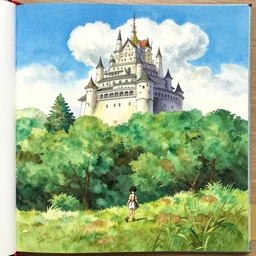 laputa castle in the sky robot hayao miyazaki walks in a small clearing among trees, watercolor illustration for a book