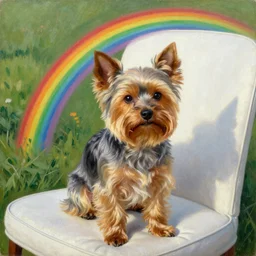 a gray and brown Yorkshire Terrier under a rainbow in a white leather chair on beautiful green grass by Michael Sowa, head and shoulders portrait, golden hour, extremely detailed masterpiece, oil on canvas, by J. C. Leyendecker and Peter Paul Rubens and Edward Hopper and Michael Sowa,