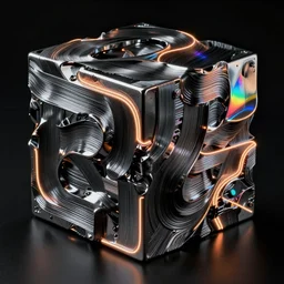 a hypercube made of high - contrast dark polished metal brushstrokes of neon light - trails and dichroic paintings
