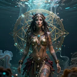 a centered render of an mytical festival hippy with tribal tattoos wearing intricate metallic clothing surrounded by a underwater ink pour and flowing liquid gallium and sacred geometry, perfect body and face, gorgeous, cinematic, beautifully lit, by yoann lossel, by karol bak, by donato giancola, 3 d, trending on artstation, octane render, 8 k