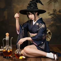 photo of a witch, young woman, preparing potion, high heels, japanese kimono