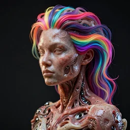 flesh computer device made of flesh and skin with neon rainbow hair, ultra high detail photorealistic