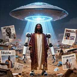 robot of Ajegunle slums of Lagos inside African Jesus Christ about beauty surrounding a large UFO with neon ray of light, magazine collage,