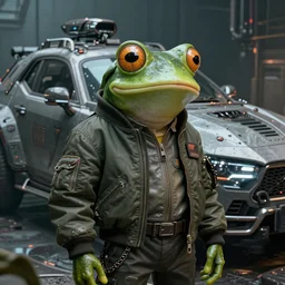 beautiful fantasy character portrait, frog like creature, wearing bomber jacket, ultra realistic, wide angle, dramatic lighting, futuristic vehicle, cyberpunk artifacts, highly detailed by hajime sorayama, boris vallejo, aaron horkey,
