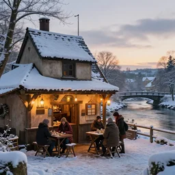 beautiful warm tavern seen from the outside by four adventures, snowy day, middle age, river crossed by a bridge next to the tavern, crepuscular light, trending on artstation, sharp details