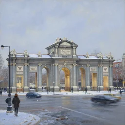 winter at puerta del sol in madrid in the future, painting by ivan shishkin
