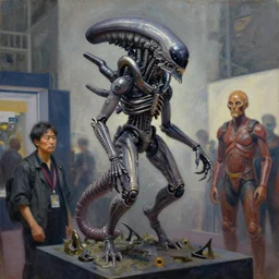 a mecha xenomorph display at a weapon fair by chu qiao and h. r. giger. mid - shot. oil painting.