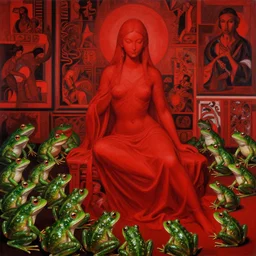 only with red, red goddess, tokyo, a lot of frogs to watch, in the style of beksinsky, parts of edward hopper, parts of rodchenko, parts of yue mingjun, complex and epic composition, red caravaggio, insanely high - quality, very detailed, masterpiece, red light, artstation, 4 k