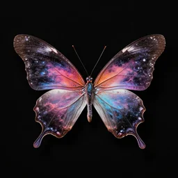 cosmic nebula butterfly by Ed Hardy, matte black background, horizontal symmetry