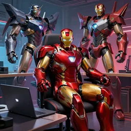 a japanese voltroniron man based off of japanese culture sitting on chair in front of laptop in detailed gamer room, japanese anime robots, cyberpunk concept art, trending on artstation, highly detailed, digital art, 8 k, drawn by jean delville